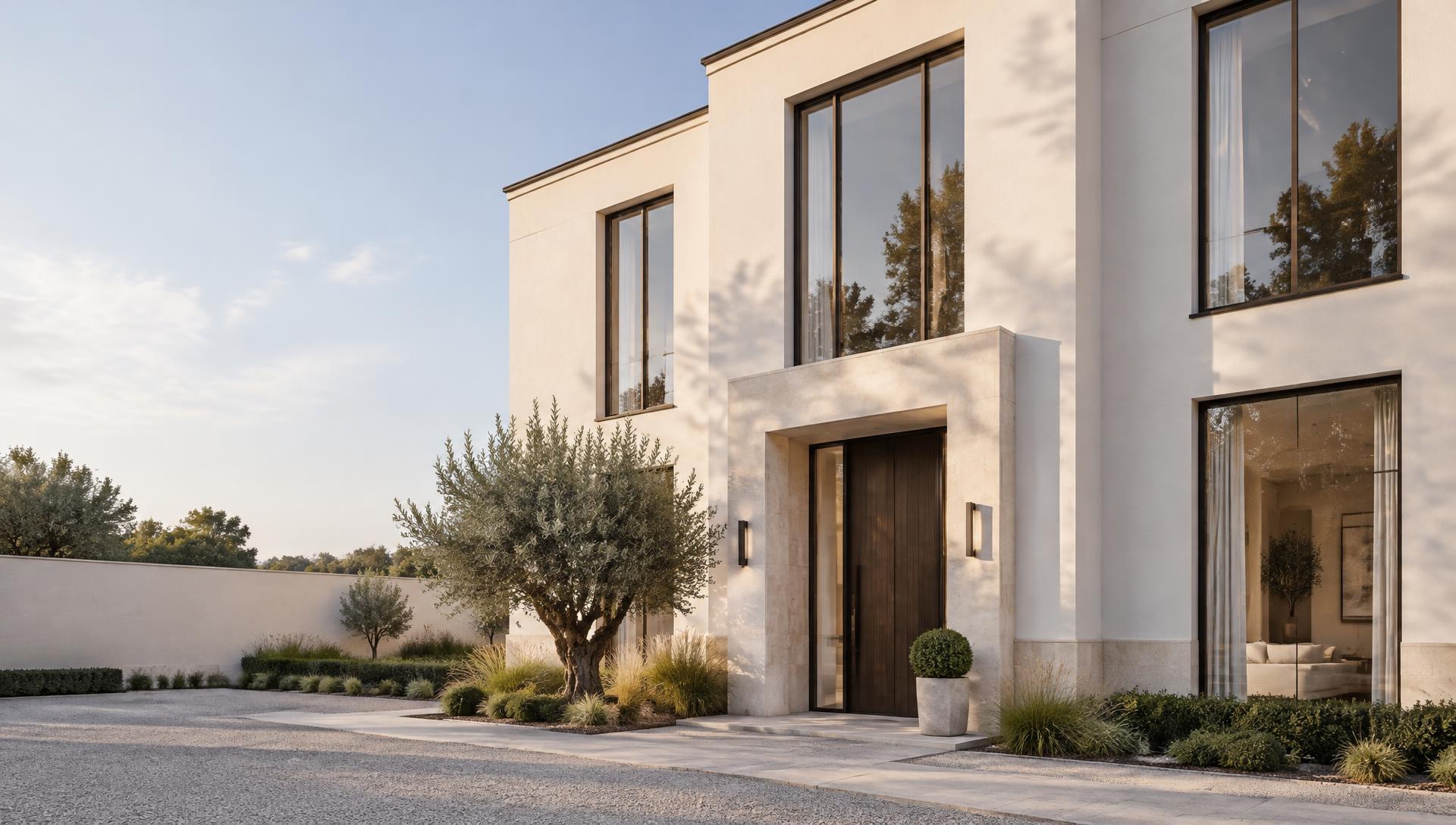 Contemporary rendered property with carefully finished window and entrance detailing